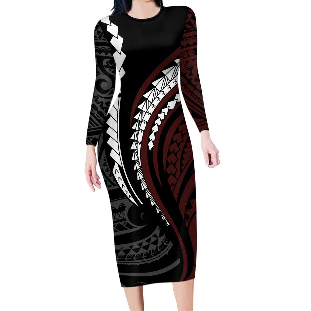 Polynesian Oxblood Line Art Tribal Tattoo Family Matching Long Sleeve Bodycon Dress and Hawaiian Shirt