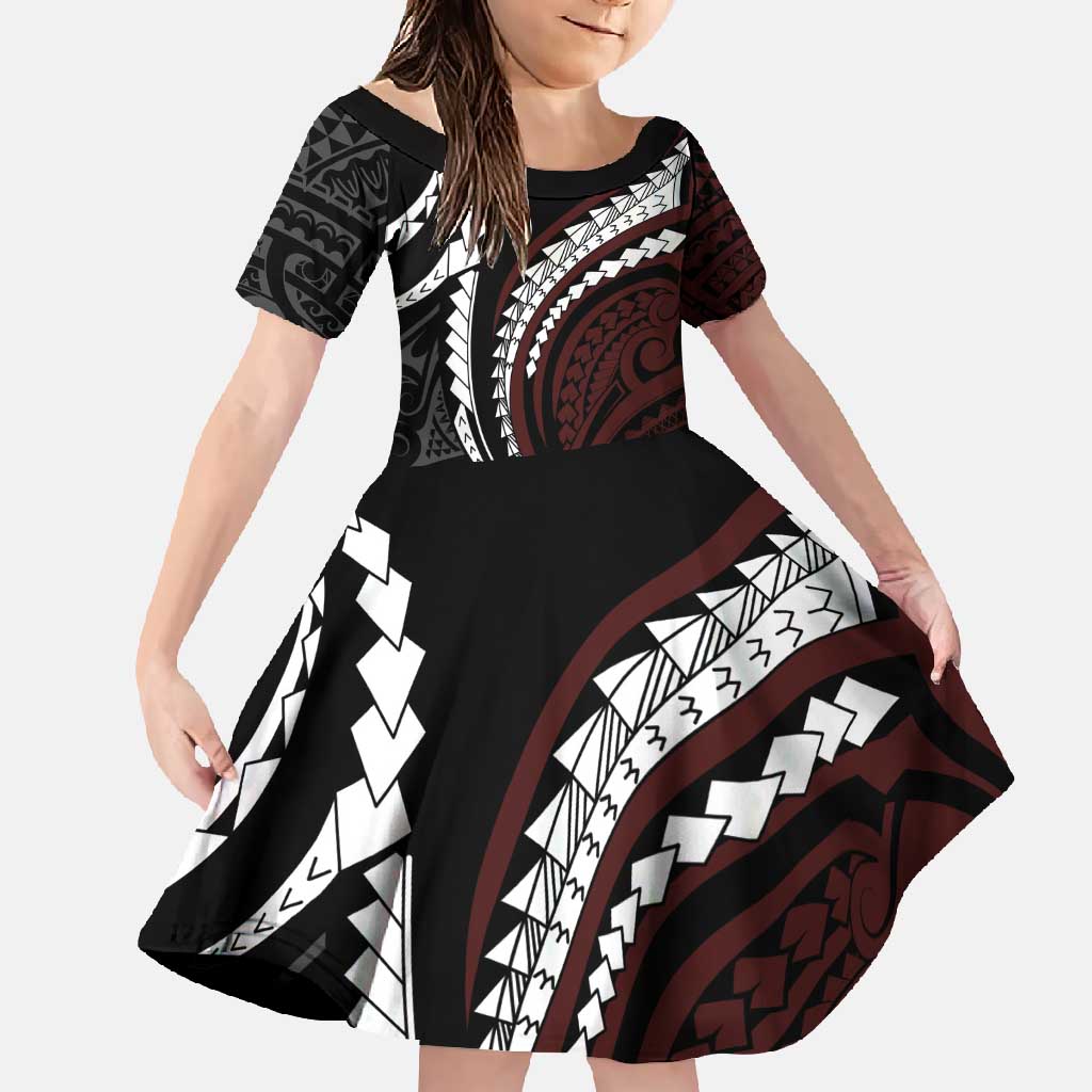 Polynesian Oxblood Line Art Tribal Tattoo Family Matching Mermaid Dress and Hawaiian Shirt LT9 Daughter's Dress Beige - Polynesian Pride