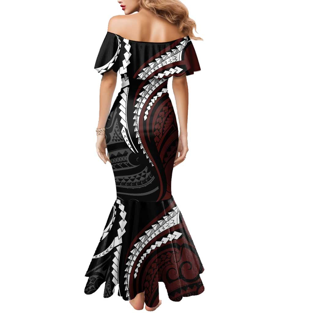 Polynesian Oxblood Line Art Tribal Tattoo Family Matching Mermaid Dress and Hawaiian Shirt LT9 - Polynesian Pride