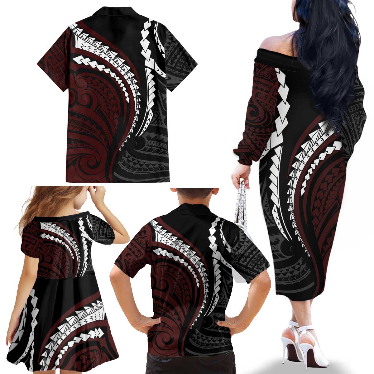 Polynesian Oxblood Line Art Tribal Tattoo Family Matching Off The Shoulder Long Sleeve Dress and Hawaiian Shirt