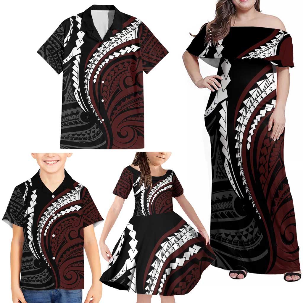 Polynesian Oxblood Line Art Tribal Tattoo Family Matching Off Shoulder Maxi Dress and Hawaiian Shirt LT9 - Polynesian Pride