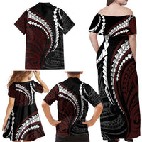 Polynesian Oxblood Line Art Tribal Tattoo Family Matching Off Shoulder Maxi Dress and Hawaiian Shirt LT9 - Polynesian Pride