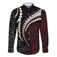 Polynesian Oxblood Line Art Tribal Tattoo Family Matching Off Shoulder Maxi Dress and Hawaiian Shirt LT9 Dad's Shirt - Long Sleeve Beige - Polynesian Pride