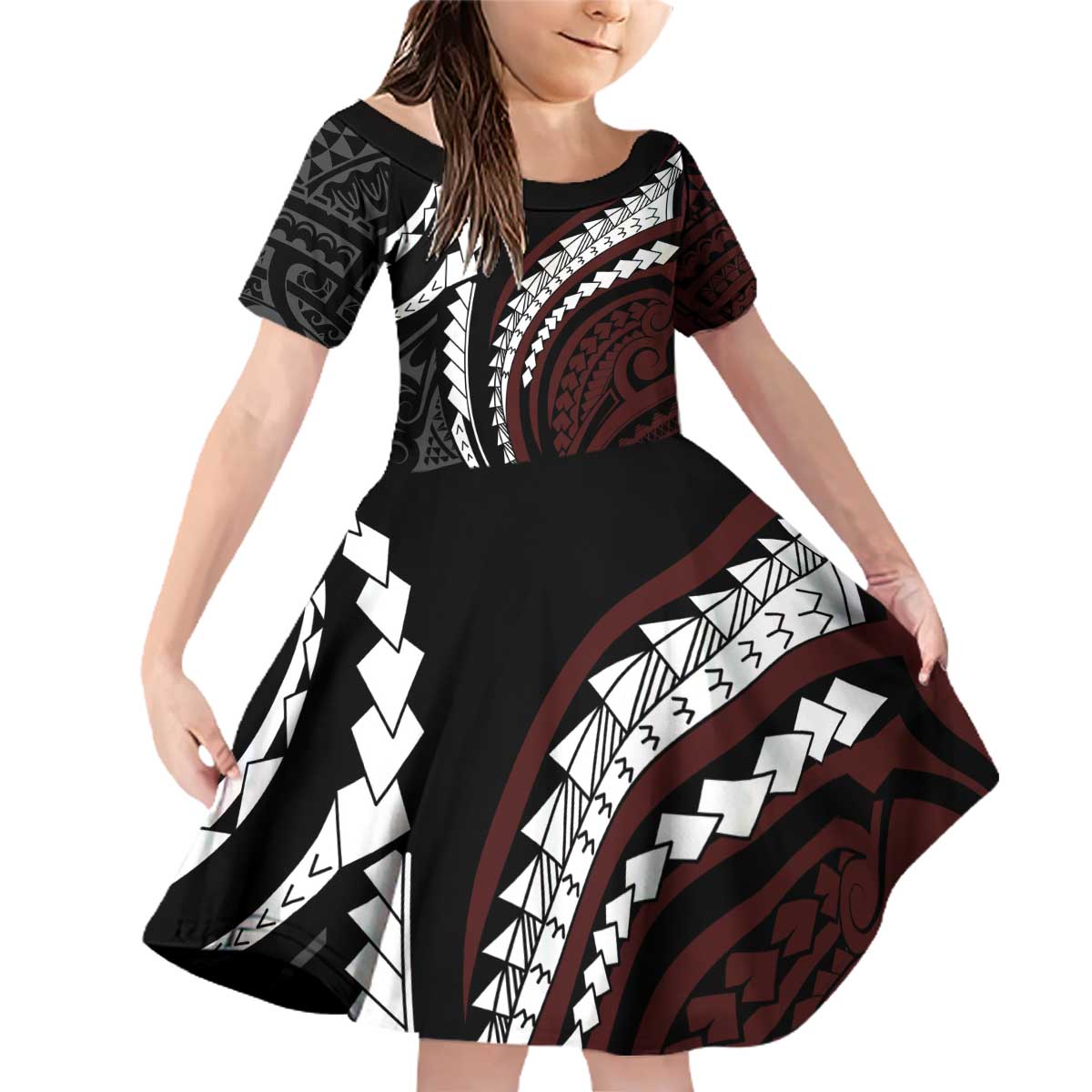 Polynesian Oxblood Line Art Tribal Tattoo Family Matching Off Shoulder Short Dress and Hawaiian Shirt LT9 Daughter's Dress Beige - Polynesian Pride