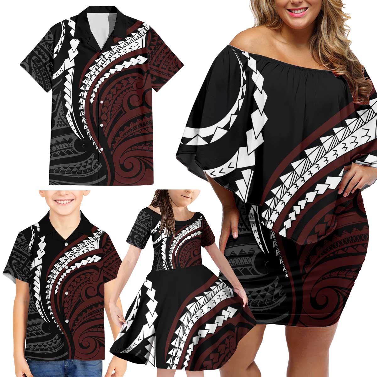 Polynesian Oxblood Line Art Tribal Tattoo Family Matching Off Shoulder Short Dress and Hawaiian Shirt LT9 - Polynesian Pride