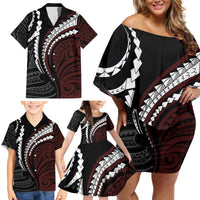 Polynesian Oxblood Line Art Tribal Tattoo Family Matching Off Shoulder Short Dress and Hawaiian Shirt LT9 - Polynesian Pride