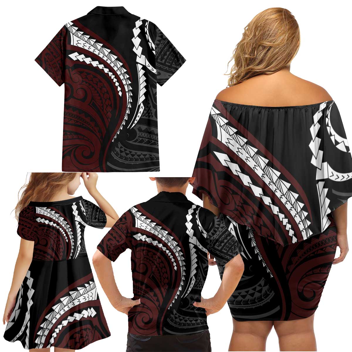 Polynesian Oxblood Line Art Tribal Tattoo Family Matching Off Shoulder Short Dress and Hawaiian Shirt LT9 - Polynesian Pride