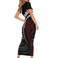 Polynesian Oxblood Line Art Tribal Tattoo Family Matching Short Sleeve Bodycon Dress and Hawaiian Shirt LT9 - Polynesian Pride