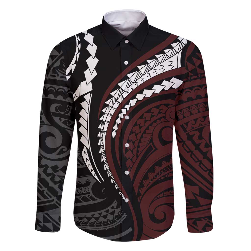 Polynesian Oxblood Line Art Tribal Tattoo Family Matching Summer Maxi Dress and Hawaiian Shirt LT9 Dad's Shirt - Long Sleeve Beige - Polynesian Pride