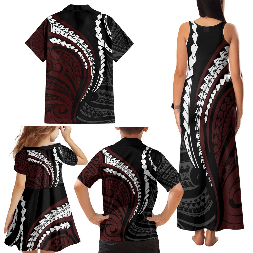 Polynesian Oxblood Line Art Tribal Tattoo Family Matching Tank Maxi Dress and Hawaiian Shirt LT9 - Polynesian Pride