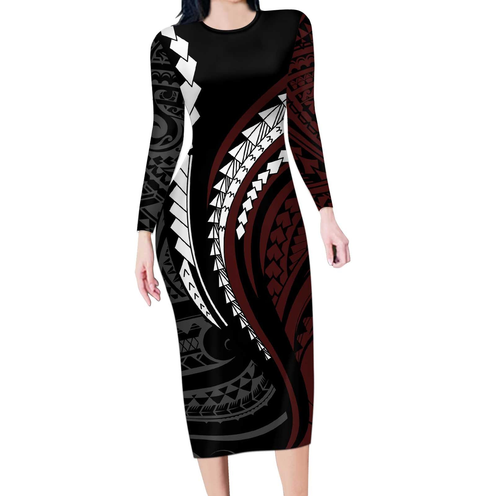 Polynesian Oxblood Line Art Tribal Tattoo Long Sleeve Bodycon Dress