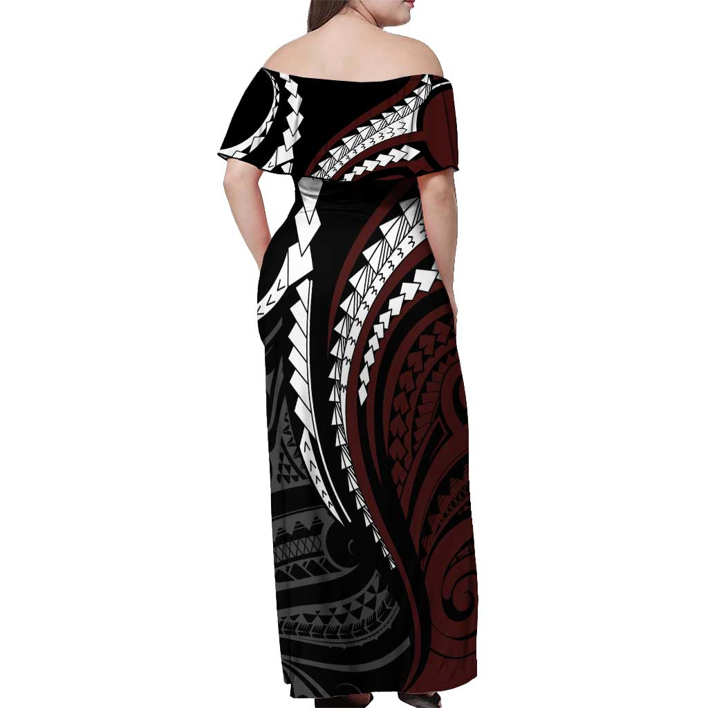 Polynesian Oxblood Line Art Tribal Tattoo Off Shoulder Maxi Dress LT9 - Polynesian Pride