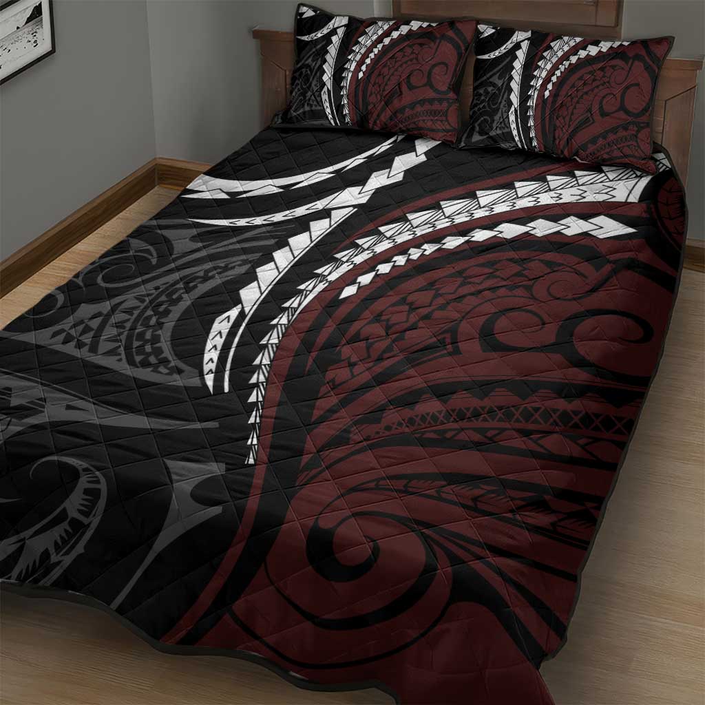 Polynesian Oxblood Line Art Tribal Tattoo Quilt Bed Set