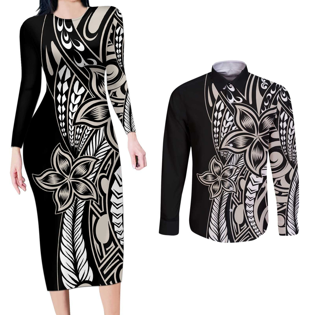 Polynesian Plumeria Floral Tattoo Pattern Couples Matching Long Sleeve Bodycon Dress and Long Sleeve Button Shirt Beige Style LT9 Beige - Polynesian Pride