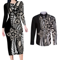 Polynesian Plumeria Floral Tattoo Pattern Couples Matching Long Sleeve Bodycon Dress and Long Sleeve Button Shirt Beige Style LT9 Beige - Polynesian Pride