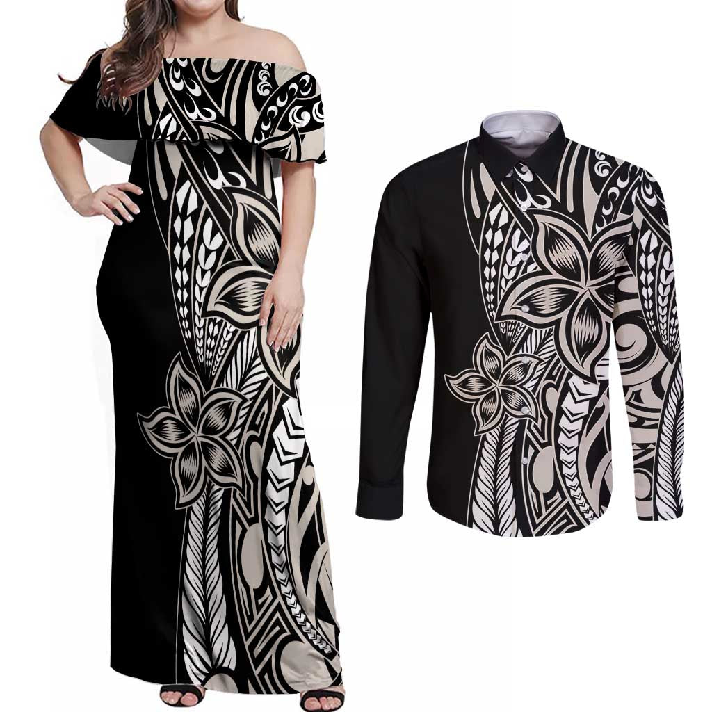 Polynesian Plumeria Floral Tattoo Pattern Couples Matching Off Shoulder Maxi Dress and Long Sleeve Button Shirt Beige Style
