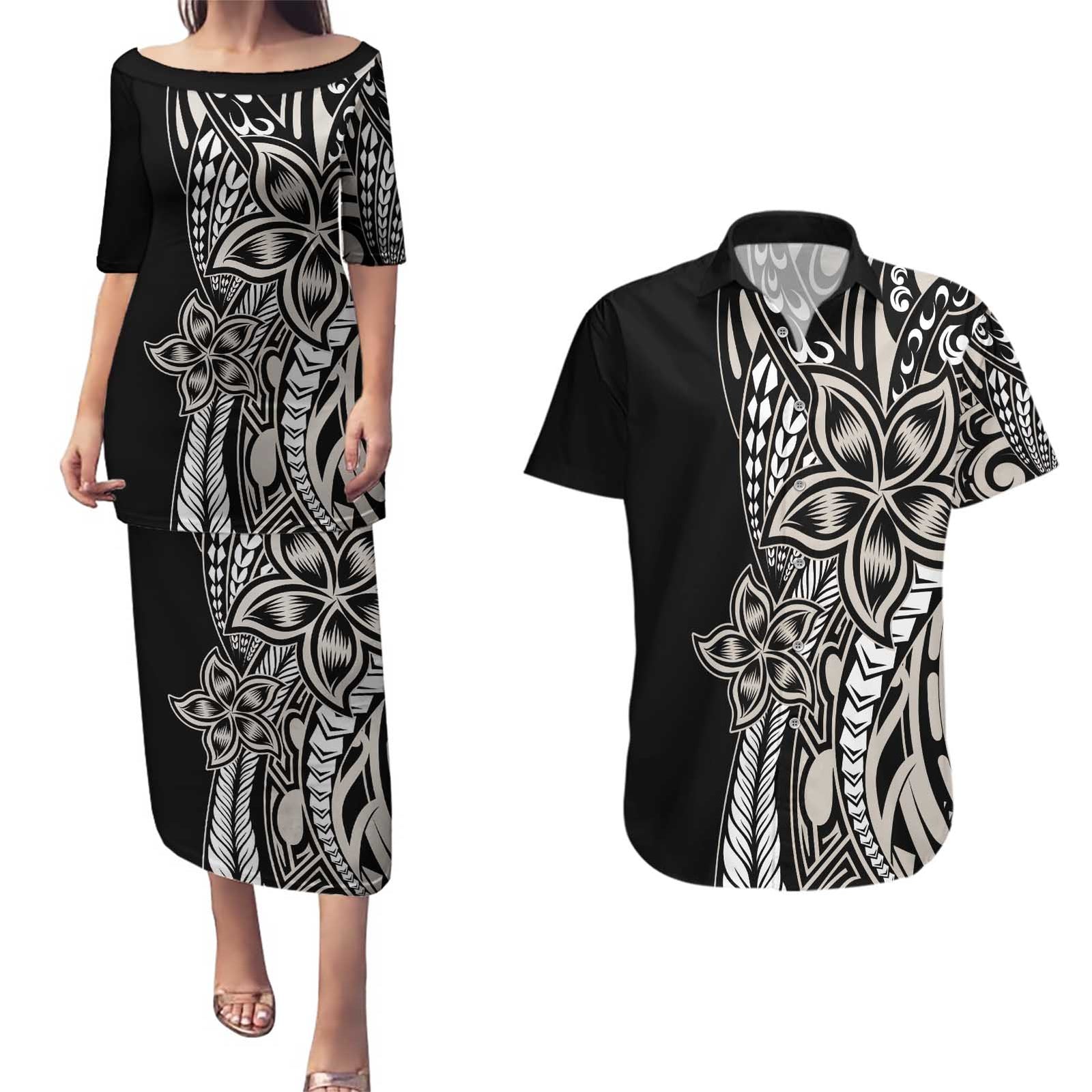 Polynesian Plumeria Floral Tattoo Pattern Couples Matching Puletasi and Hawaiian Shirt Beige Style