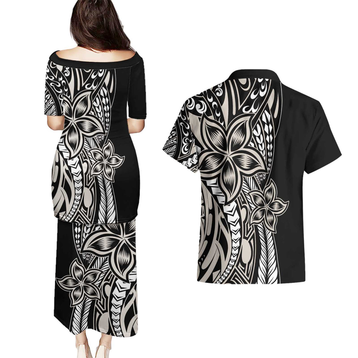 Polynesian Plumeria Floral Tattoo Pattern Couples Matching Puletasi and Hawaiian Shirt Beige Style