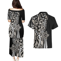 Polynesian Plumeria Floral Tattoo Pattern Couples Matching Puletasi and Hawaiian Shirt Beige Style