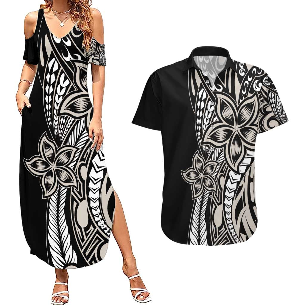 Polynesian Plumeria Floral Tattoo Pattern Couples Matching Summer Maxi Dress and Hawaiian Shirt Beige Style LT9 Beige - Polynesian Pride