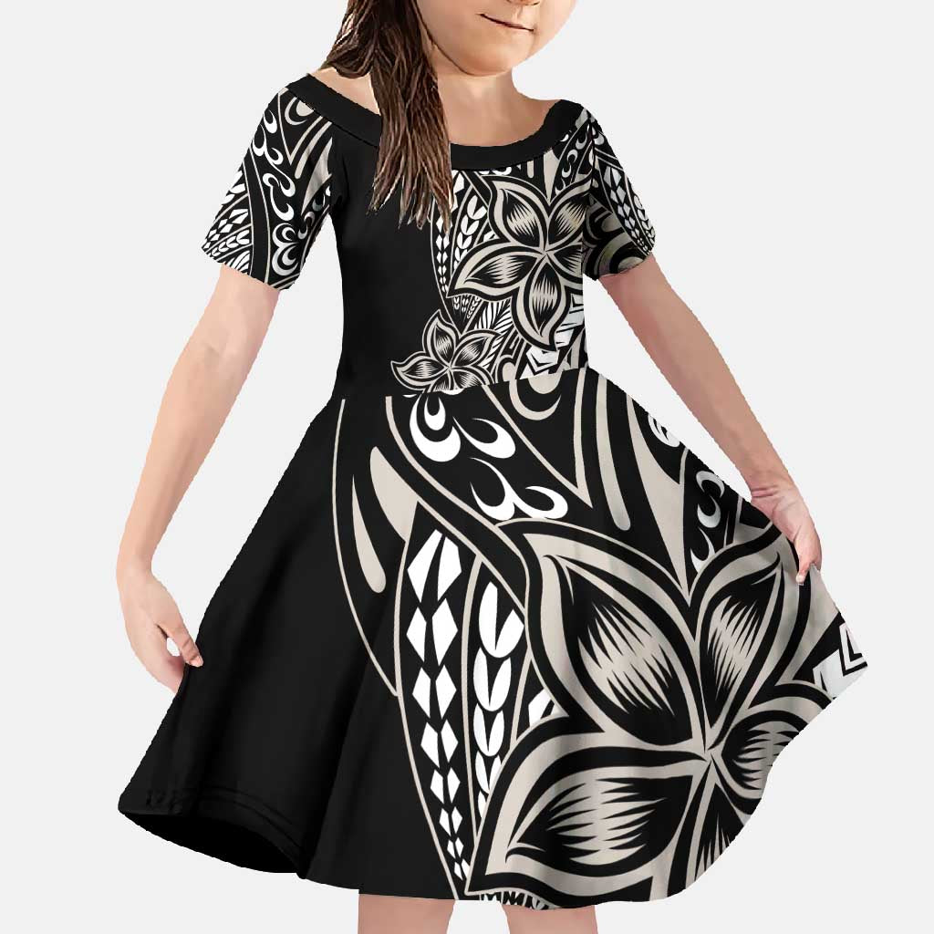 Polynesian Plumeria Floral Tattoo Pattern Family Matching Off Shoulder Maxi Dress and Hawaiian Shirt Beige Style LT9 Daughter's Dress Beige - Polynesian Pride