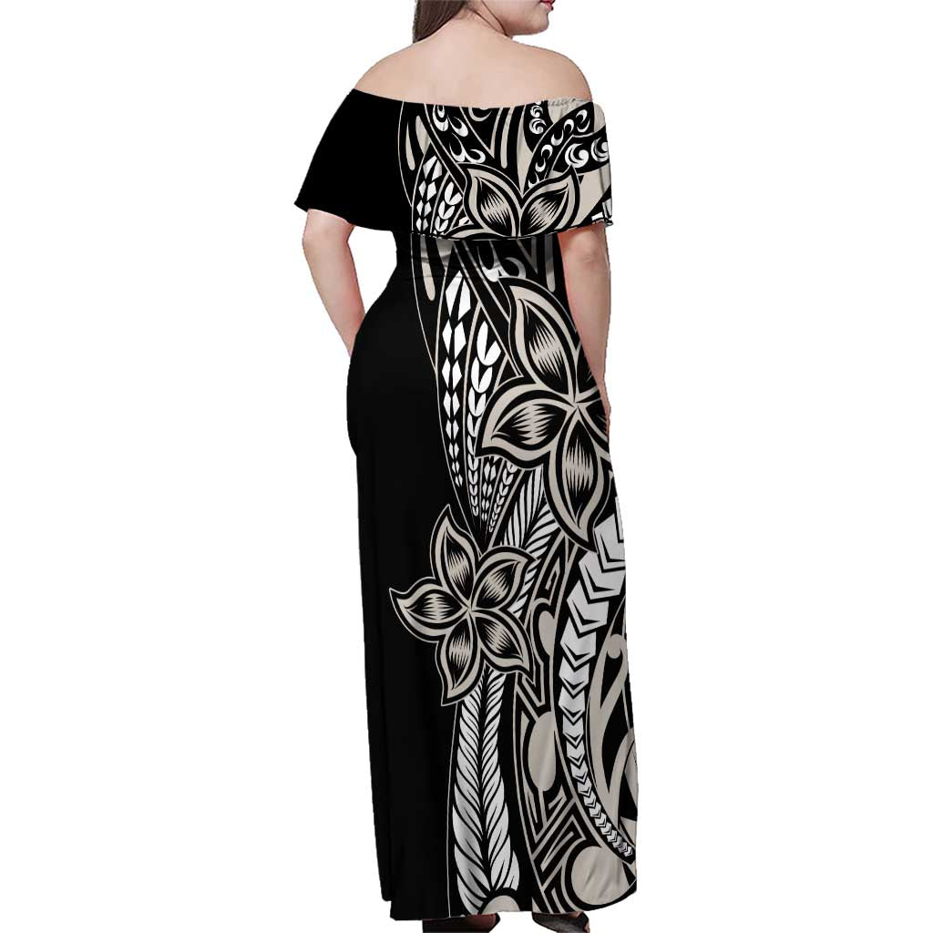 Polynesian Plumeria Floral Tattoo Pattern Family Matching Off Shoulder Maxi Dress and Hawaiian Shirt Beige Style LT9 - Polynesian Pride