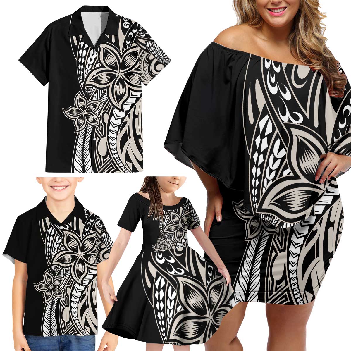 Polynesian Plumeria Floral Tattoo Pattern Family Matching Off Shoulder Short Dress and Hawaiian Shirt Beige Style LT9 - Polynesian Pride