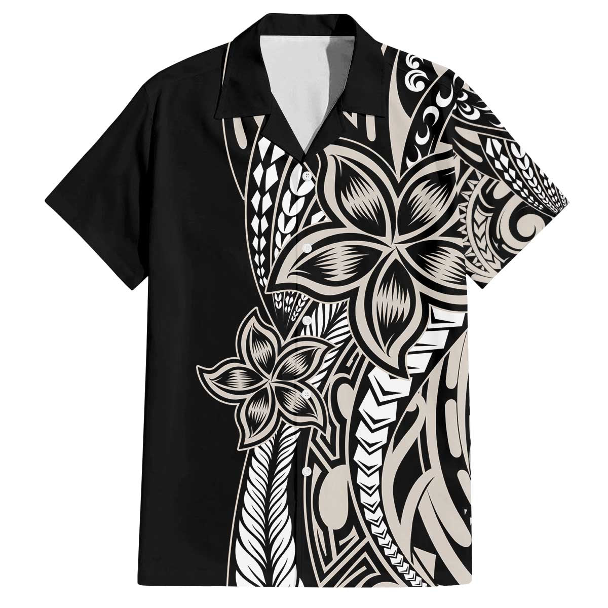 Polynesian Plumeria Floral Tattoo Pattern Family Matching Off Shoulder Short Dress and Hawaiian Shirt Beige Style LT9 Dad's Shirt - Short Sleeve Beige - Polynesian Pride