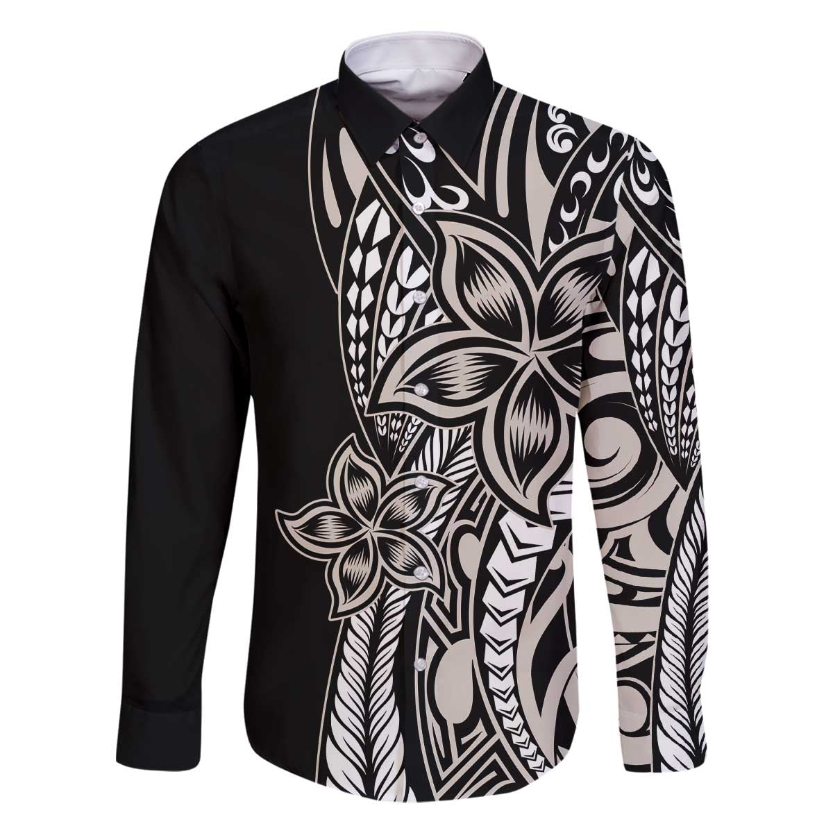 Polynesian Plumeria Floral Tattoo Pattern Family Matching Off Shoulder Short Dress and Hawaiian Shirt Beige Style LT9 Dad's Shirt - Long Sleeve Beige - Polynesian Pride