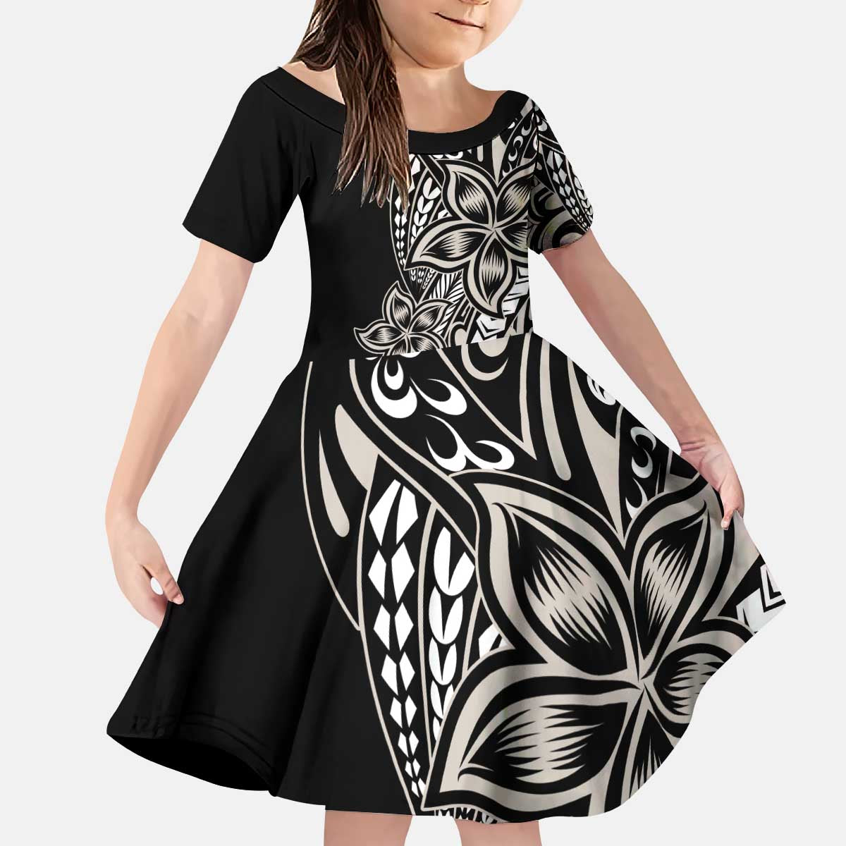 Polynesian Plumeria Floral Tattoo Pattern Family Matching Puletasi and Hawaiian Shirt Beige Style LT9 Daughter's Dress Beige - Polynesian Pride