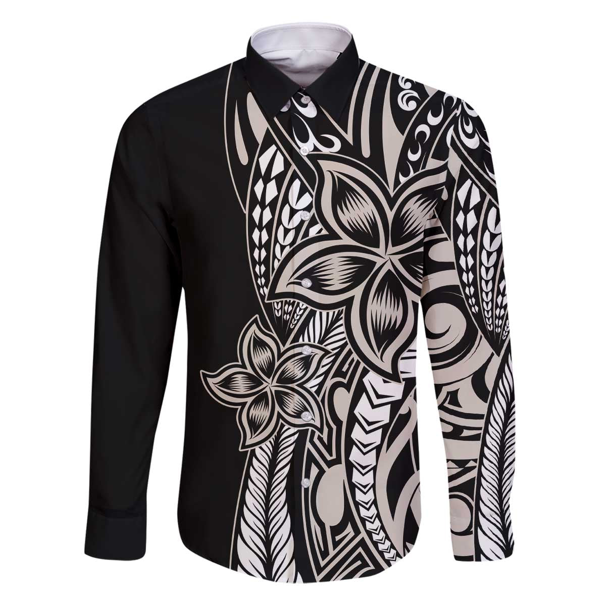 Polynesian Plumeria Floral Tattoo Pattern Family Matching Puletasi and Hawaiian Shirt Beige Style LT9 Dad's Shirt - Long Sleeve Beige - Polynesian Pride