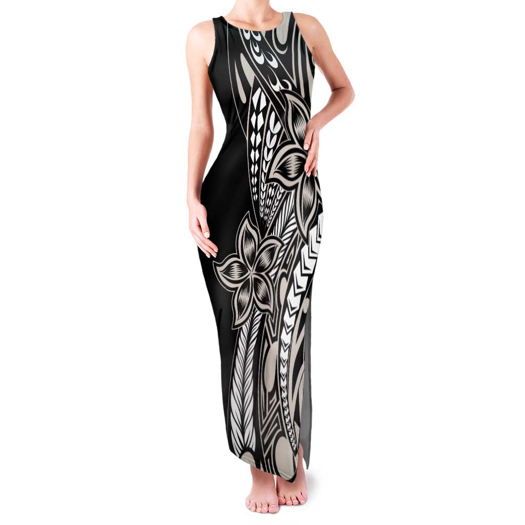 Polynesian Plumeria Floral Tattoo Pattern Family Matching Tank Maxi Dress and Hawaiian Shirt Beige Style