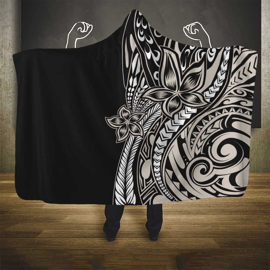 Polynesian Plumeria Floral Tattoo Pattern Hooded Blanket Beige Style
