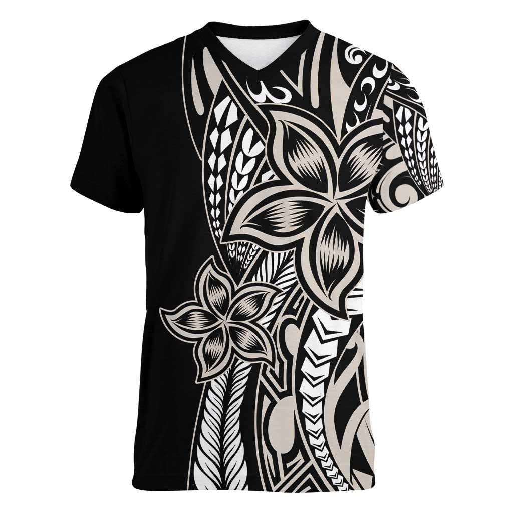 Polynesian Plumeria Floral Tattoo Pattern Women V-Neck T-Shirt Beige Style LT9 Female Beige - Polynesian Pride