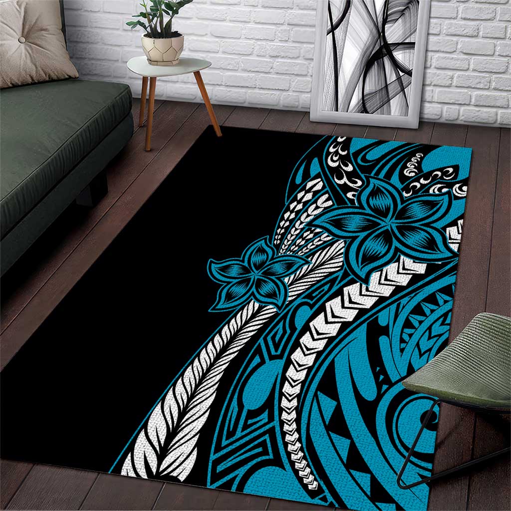 Polynesian Plumeria Floral Tattoo Pattern Area Rug Blue Style