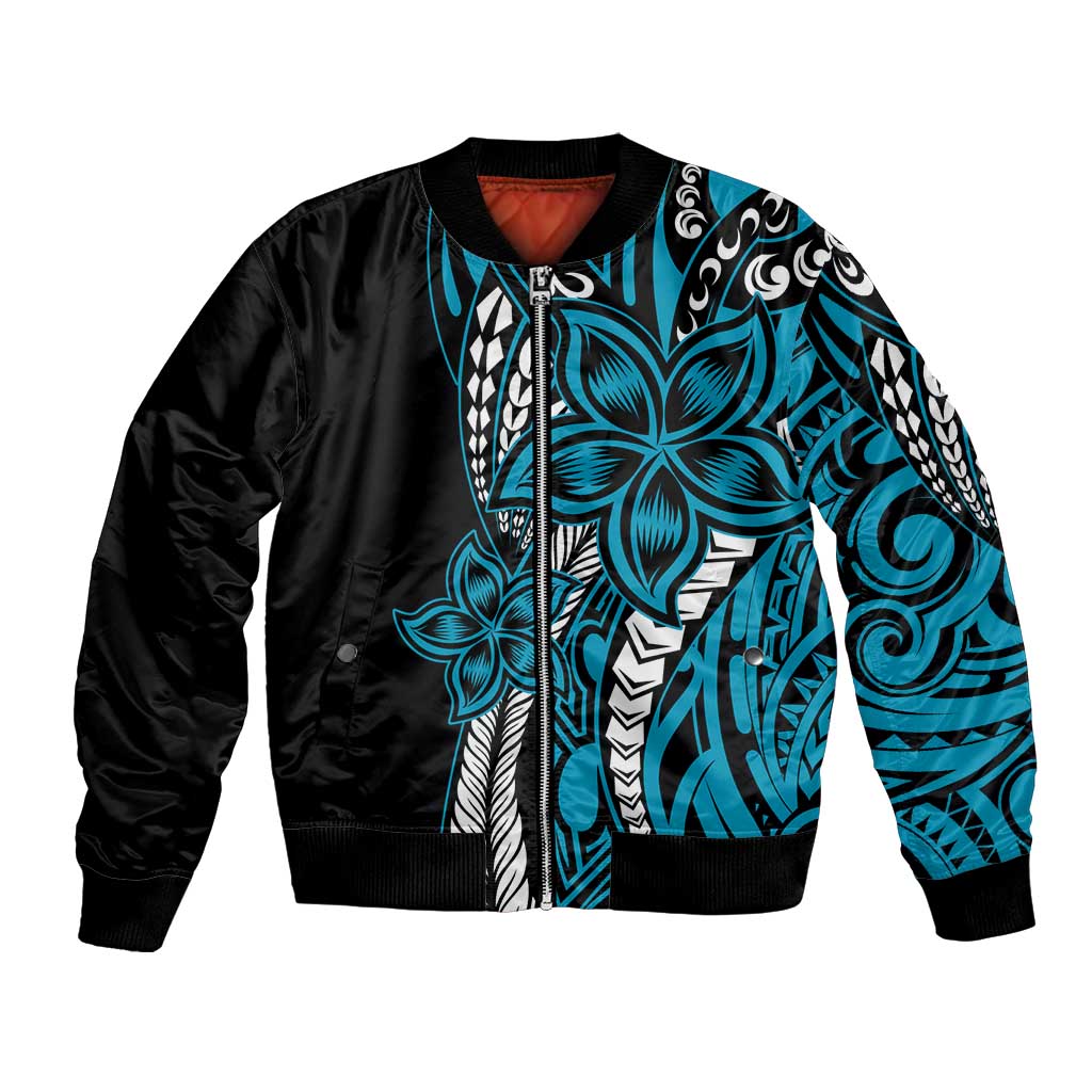 Polynesian Plumeria Floral Tattoo Pattern Bomber Jacket Bllue Style