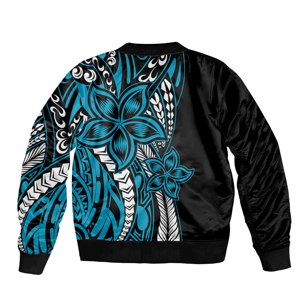 Polynesian Plumeria Floral Tattoo Pattern Bomber Jacket Bllue Style