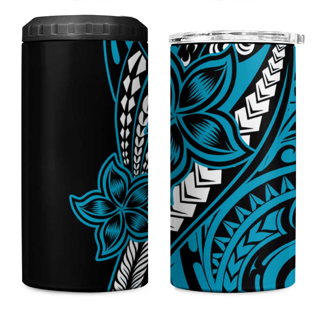 Polynesian Plumeria Floral Tattoo Pattern 4 in 1 Can Cooler Tumbler Bllue Style