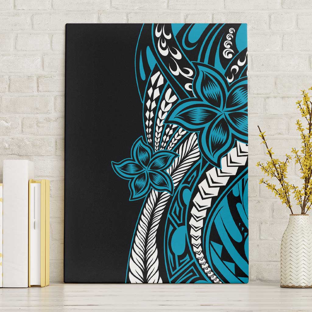 Polynesian Plumeria Floral Tattoo Pattern Canvas Wall Art Blue Style