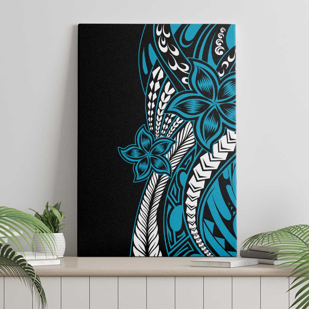 Polynesian Plumeria Floral Tattoo Pattern Canvas Wall Art Blue Style