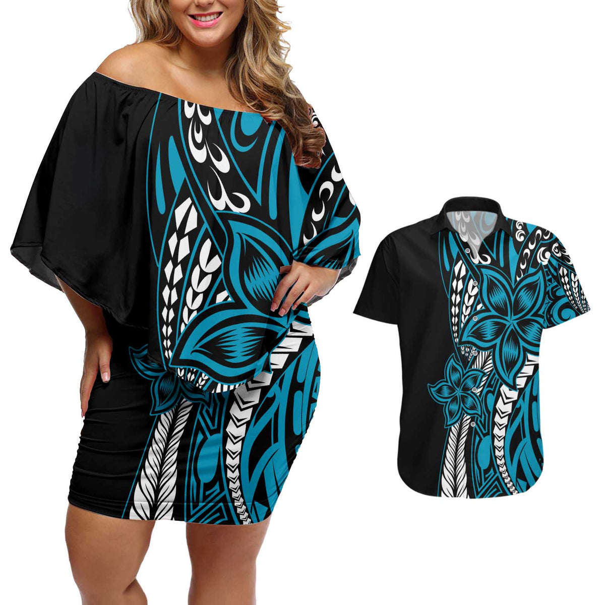 Polynesian Plumeria Floral Tattoo Pattern Couples Matching Off Shoulder Short Dress and Hawaiian Shirt Blue Style LT9 Blue - Polynesian Pride