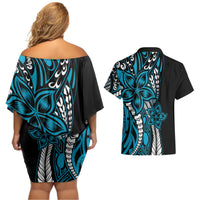 Polynesian Plumeria Floral Tattoo Pattern Couples Matching Off Shoulder Short Dress and Hawaiian Shirt Blue Style LT9 - Polynesian Pride