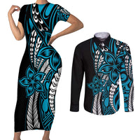 Polynesian Plumeria Floral Tattoo Pattern Couples Matching Short Sleeve Bodycon Dress and Long Sleeve Button Shirt Blue Style LT9 Blue - Polynesian Pride