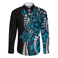 Polynesian Plumeria Floral Tattoo Pattern Family Matching Long Sleeve Bodycon Dress and Hawaiian Shirt Bllue Style