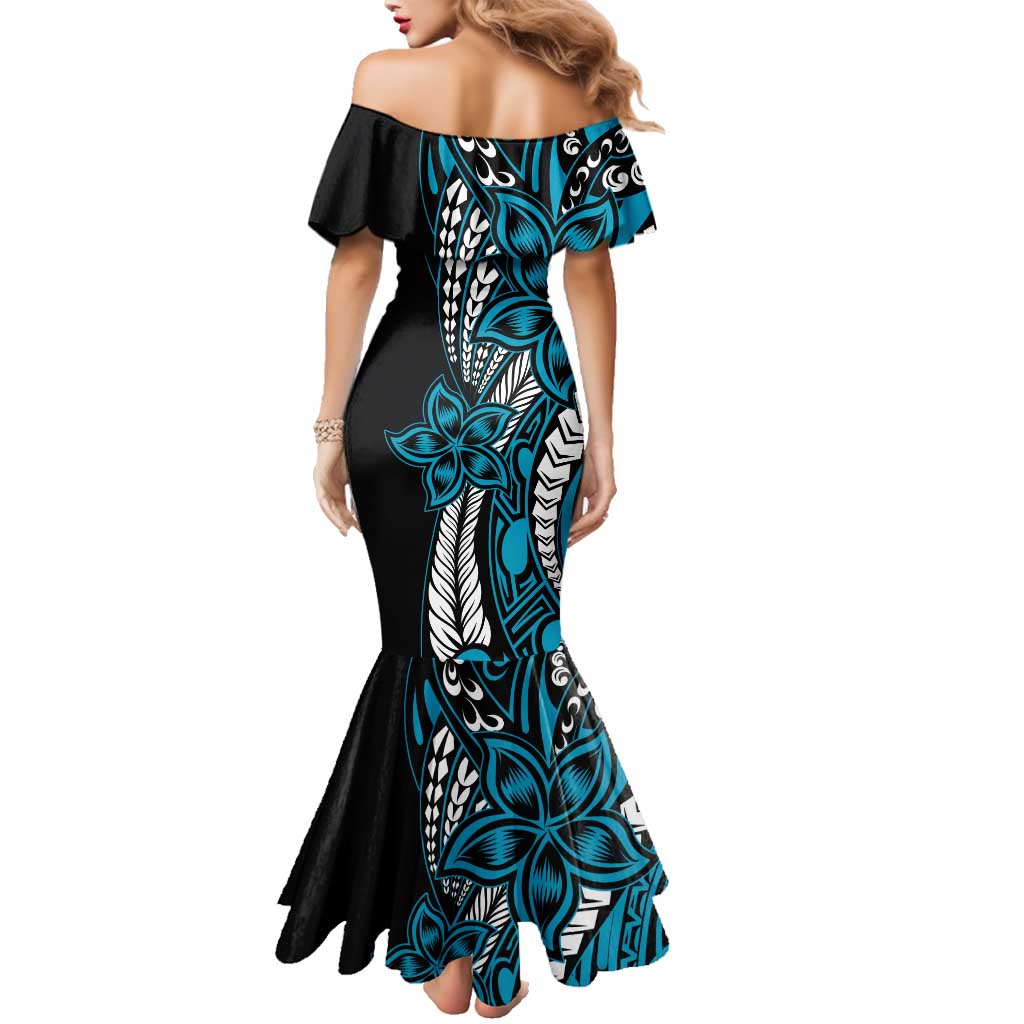 Polynesian Plumeria Floral Tattoo Pattern Family Matching Mermaid Dress and Hawaiian Shirt Bllue Style