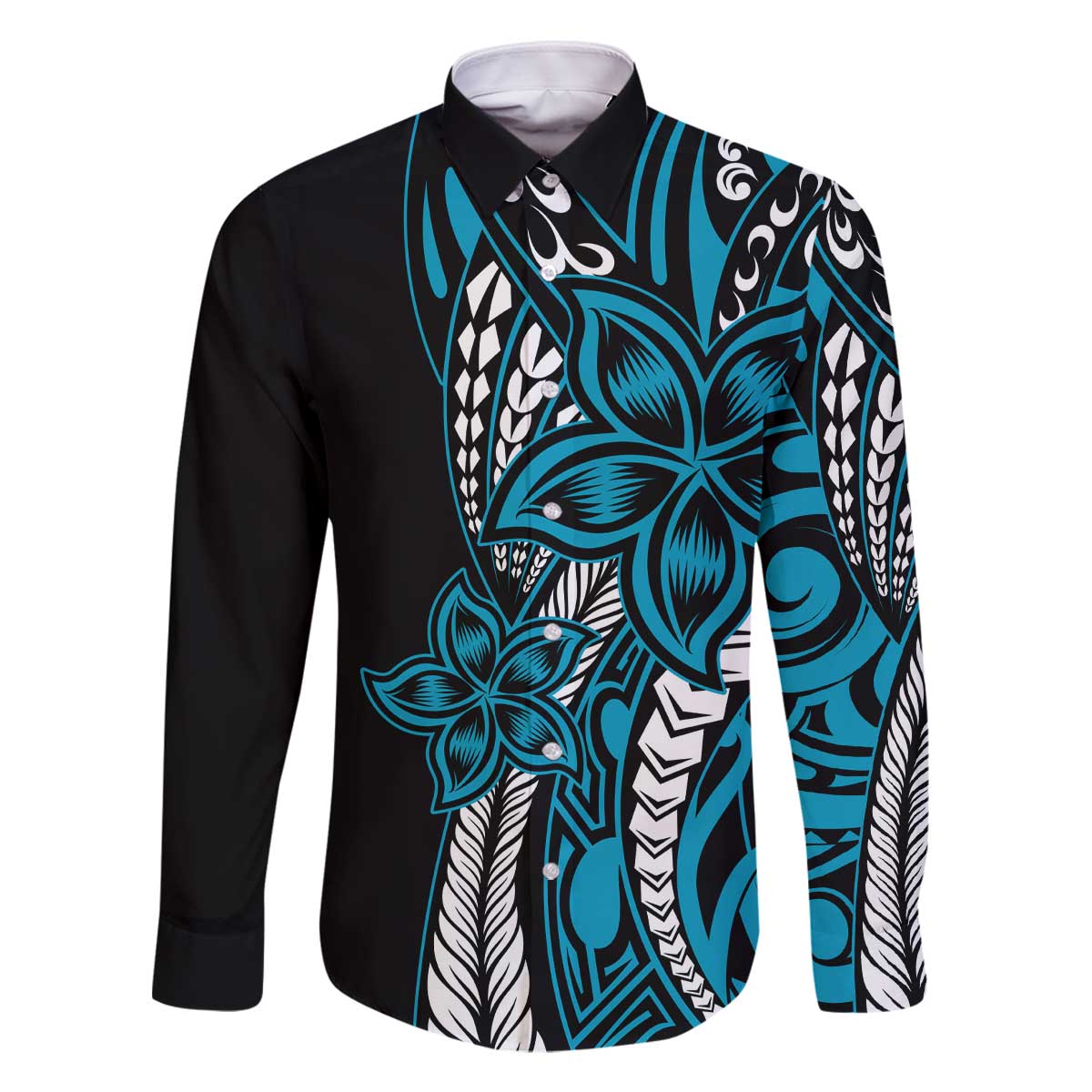 Polynesian Plumeria Floral Tattoo Pattern Family Matching Off The Shoulder Long Sleeve Dress and Hawaiian Shirt Bllue Style