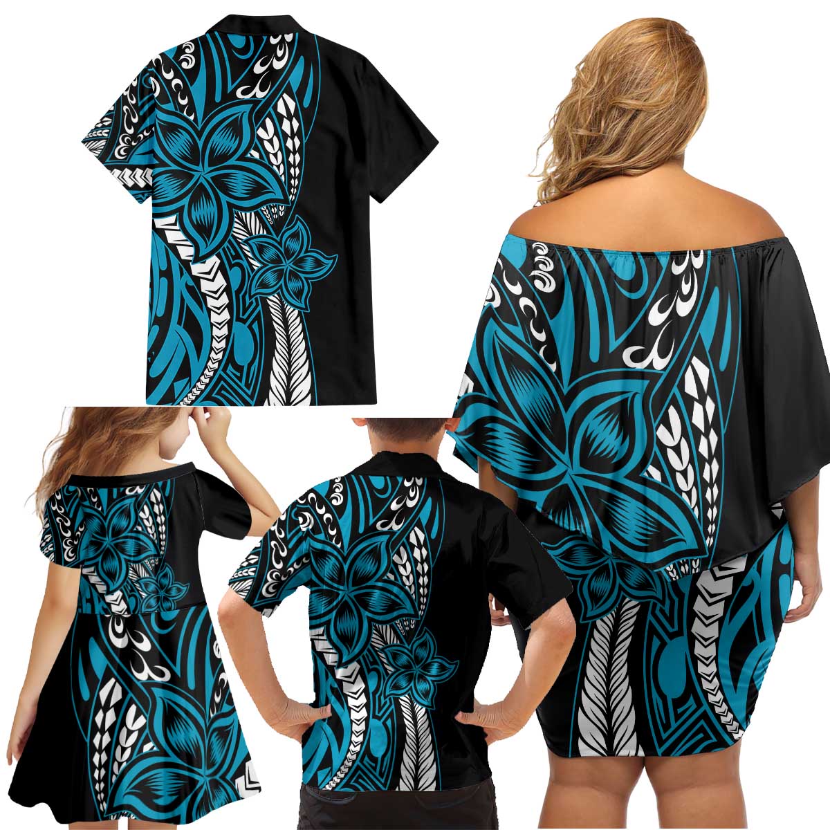 Polynesian Plumeria Floral Tattoo Pattern Family Matching Off Shoulder Short Dress and Hawaiian Shirt Blue Style LT9 - Polynesian Pride