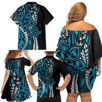 Polynesian Plumeria Floral Tattoo Pattern Family Matching Off Shoulder Short Dress and Hawaiian Shirt Blue Style LT9 - Polynesian Pride