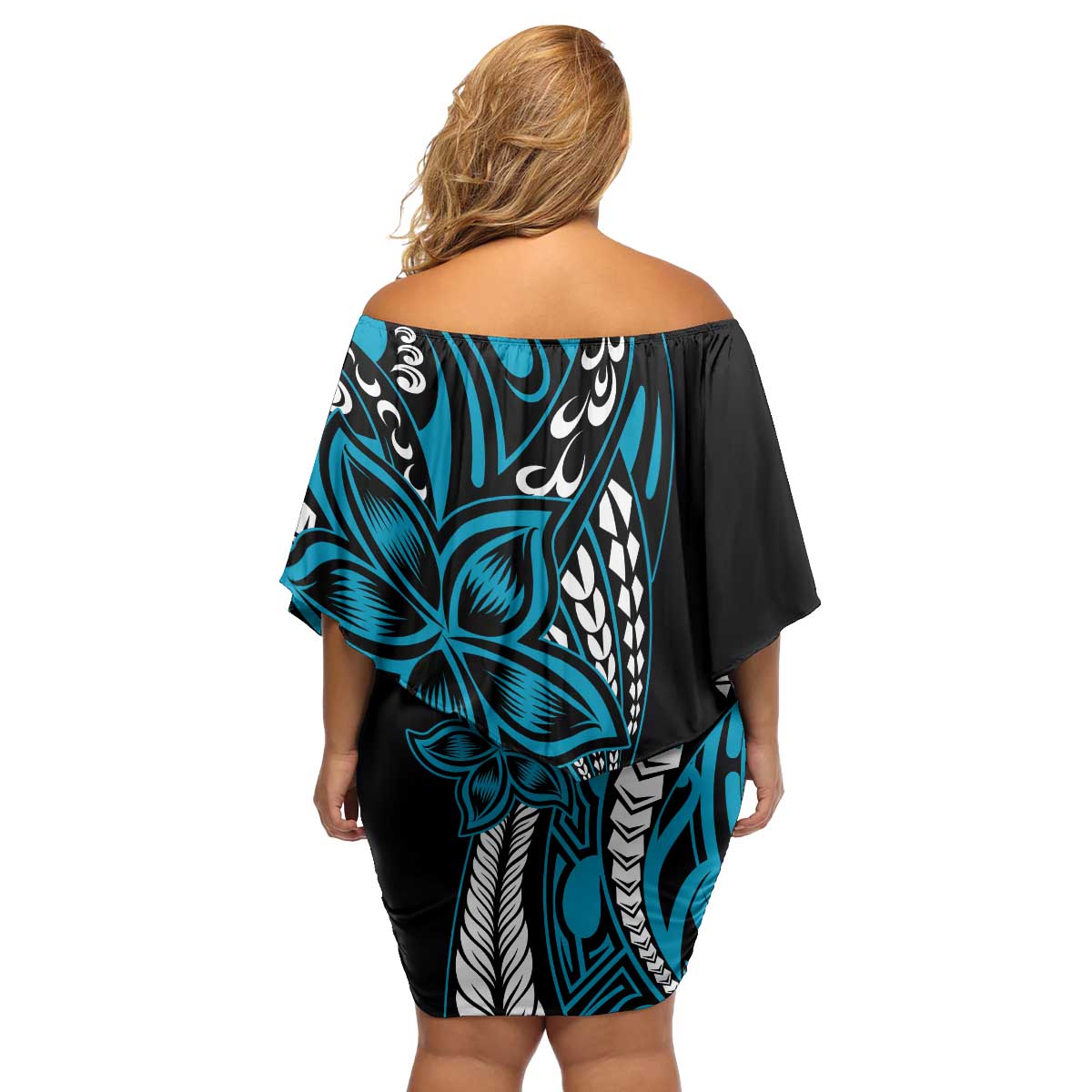 Polynesian Plumeria Floral Tattoo Pattern Family Matching Off Shoulder Short Dress and Hawaiian Shirt Blue Style LT9 - Polynesian Pride