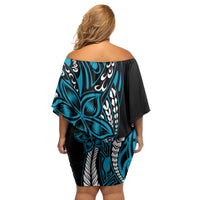 Polynesian Plumeria Floral Tattoo Pattern Family Matching Off Shoulder Short Dress and Hawaiian Shirt Blue Style LT9 - Polynesian Pride